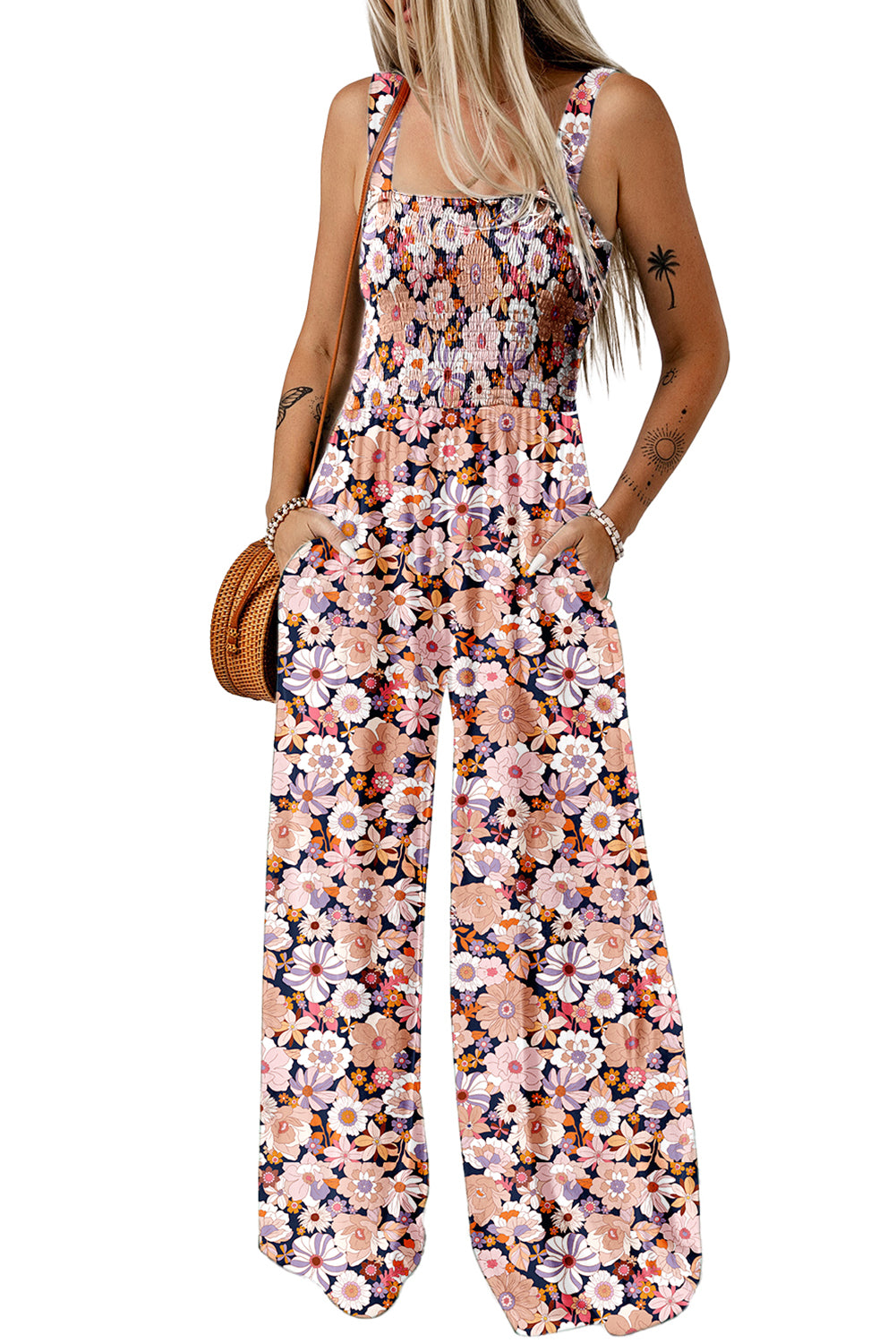Black Floral Print Smocked High Waist Square Neck Jumpsuit Jumpsuits & Rompers JT's Designer Fashion