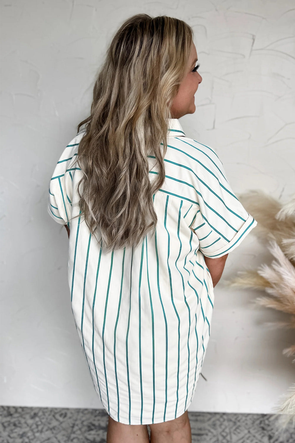 Green Stripe Plus Size St Patricks Day Short Sleeve Buttoned Shirt Dress Plus Size Mini Dresses JT's Designer Fashion