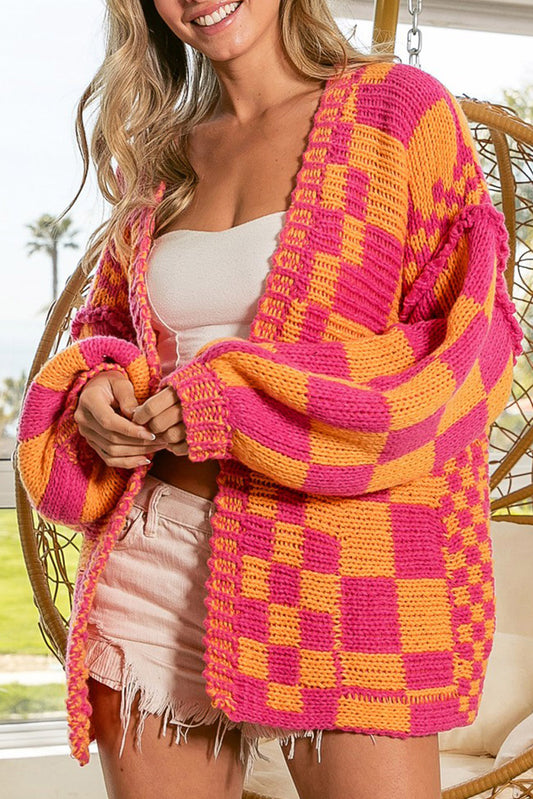 Multicolor Open Front Mixed Checkered Pattern Knit Cardigan Sweaters & Cardigans JT's Designer Fashion