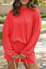 Casual Corded Knit Long Sleeve Top and High Waist Shorts Set Gold Flame 75%Polyester+20%Viscose+5%Elastane Short Sets JT's Designer Fashion