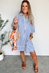 Blue Stripe Collared Half Button Side Pockets Loose Fit Mini Dress Mini Dresses JT's Designer Fashion