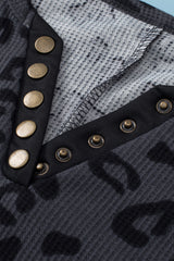 Gray Leopard Print Button Split Neck Waffle Sweatshirt Sweatshirts & Hoodies JT's Designer Fashion