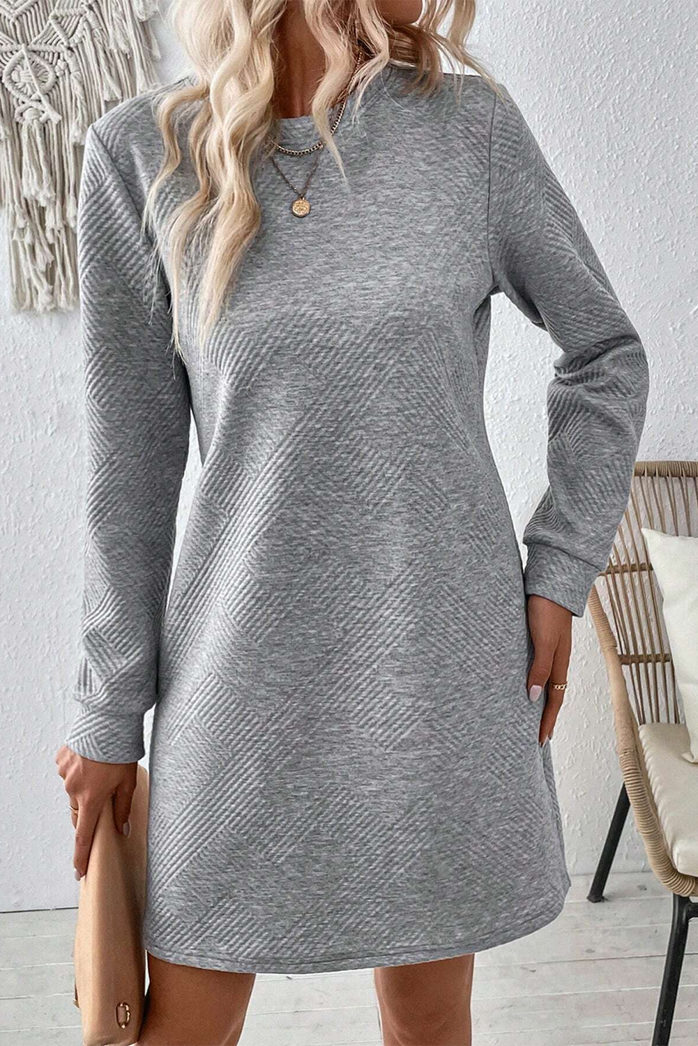 Gray Solid Color Textured Long Sleeve Shift Dress Mini Dresses JT's Designer Fashion