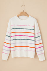 White Colorful Striped Ribbed Trim Sweater Sweaters JT's Designer Fashion