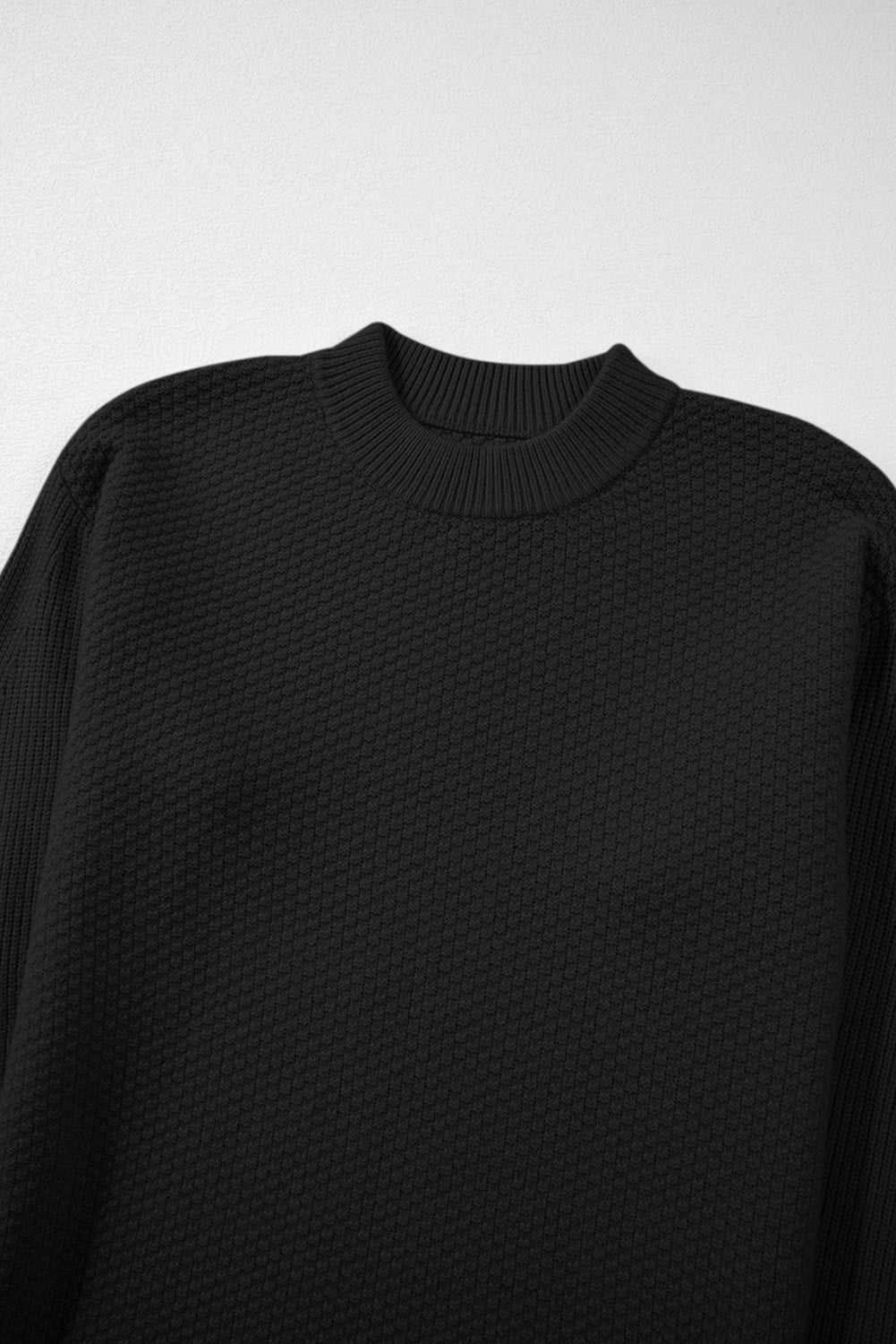 Black Solid Textured Knit Split Cuff Drop Shoulder Loose Sweater Sweaters JT's Designer Fashion