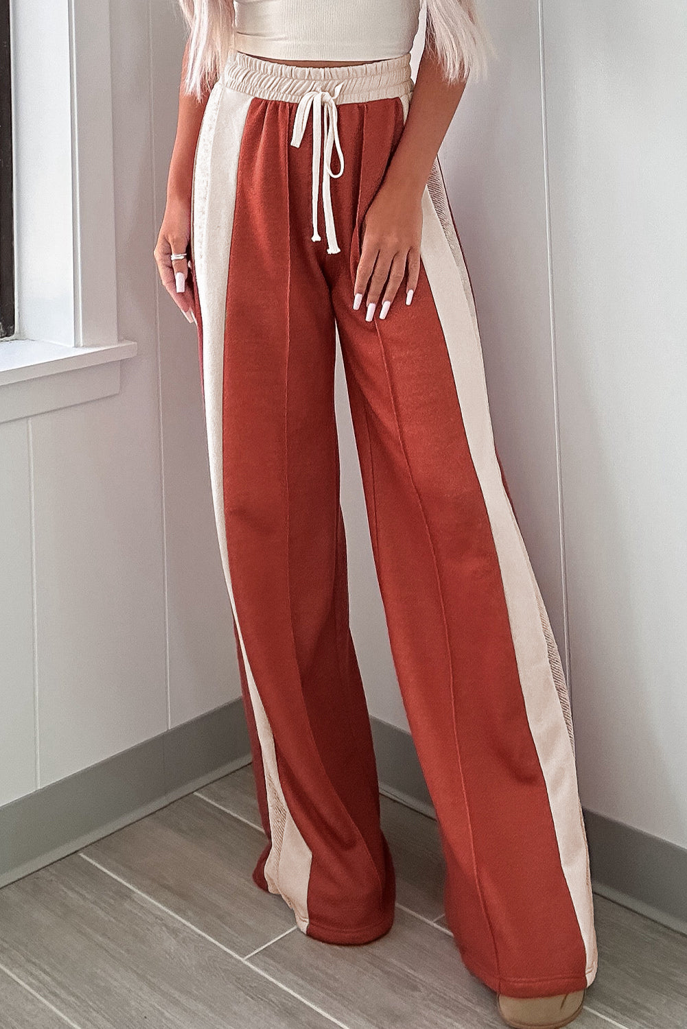 Flamingo Color Block Drawstring High Waist Wide Leg Pants Pants & Culotte JT's Designer Fashion