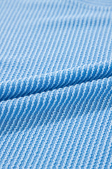 Blue Solid Corded Knit Short Sleeve T Shirt and Wide Leg Pants Set Pant Sets JT's Designer Fashion