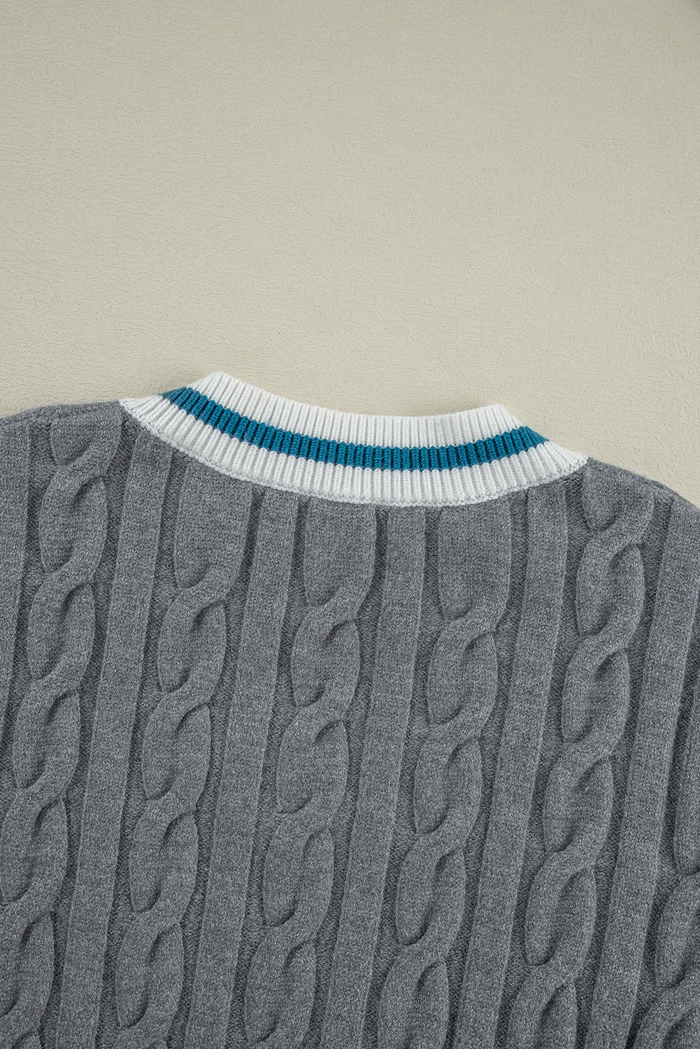 Medium Grey Color Contrast Ribbed Edge Cable Knit V Neck Sweater Sweaters JT's Designer Fashion