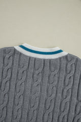 Medium Grey Color Contrast Ribbed Edge Cable Knit V Neck Sweater Sweaters JT's Designer Fashion