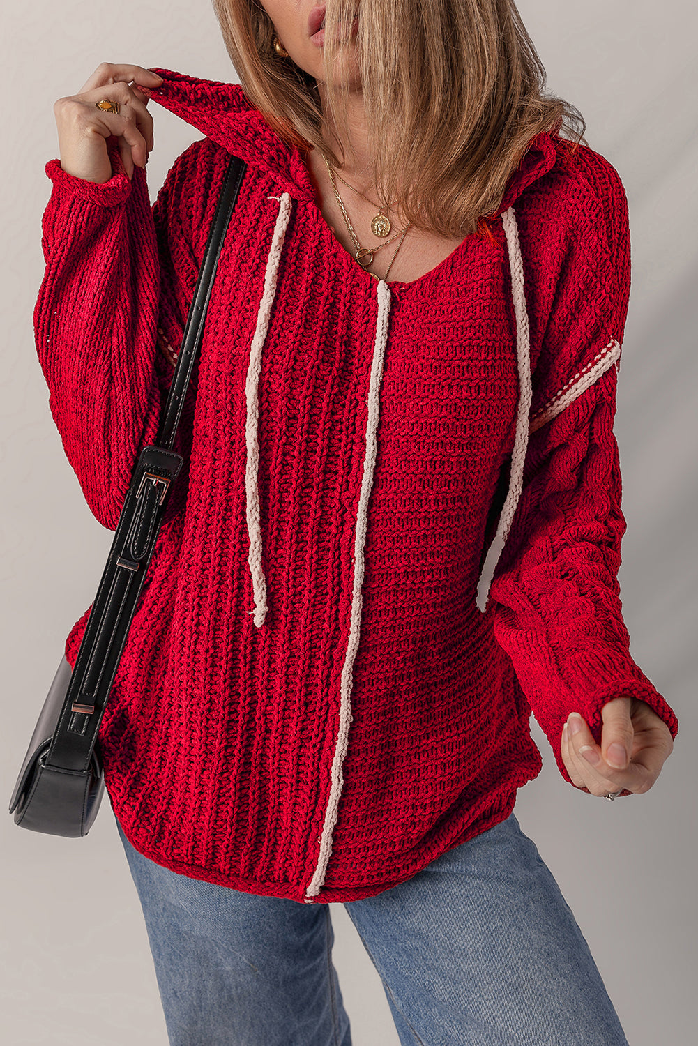 Racing Red Color Contrast Trim Textured Knit Drawstring Hooded Sweater Sweaters JT's Designer Fashion