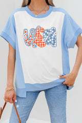 Sky Blue Star Plaid Flower USA Graphic Color Block Crewneck T Shirt Graphic Tees JT's Designer Fashion