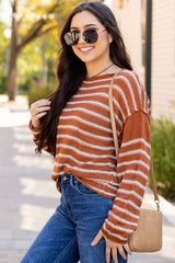 Brown Stripe Drop Shoulder Casual Sweater Sweaters JT's Designer Fashion