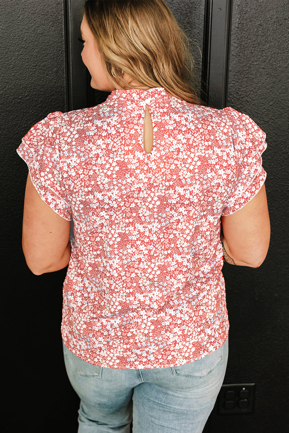 Pink Plus Size Floral Print Ruffled Sleeve Frilled Neck Blouse Plus Size Tops JT's Designer Fashion