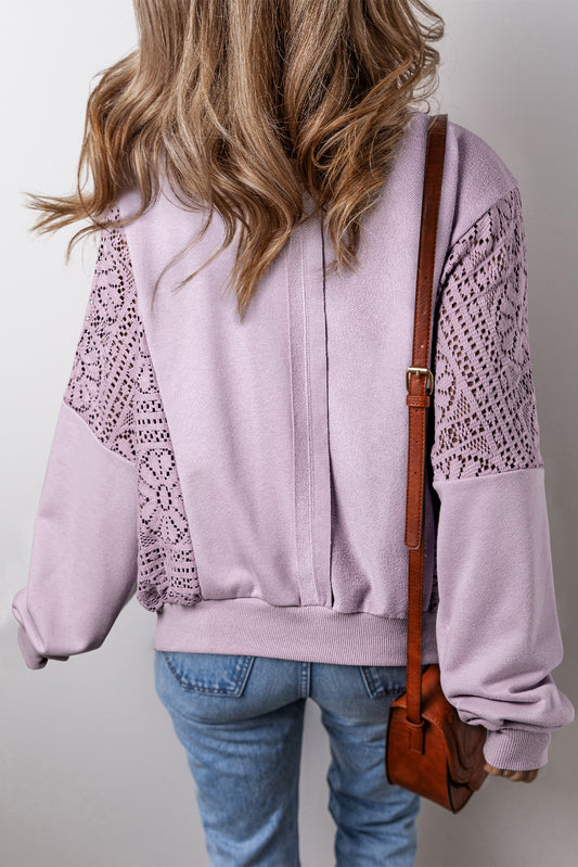 Orchid Petal Knit Crochet Exposed Seam Ribbed Trim Sweatshirt Sweatshirts & Hoodies JT's Designer Fashion