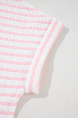 Pink Stripe Knitted Short Sleeve Top and Drawstring Shorts Set Short Sets JT's Designer Fashion