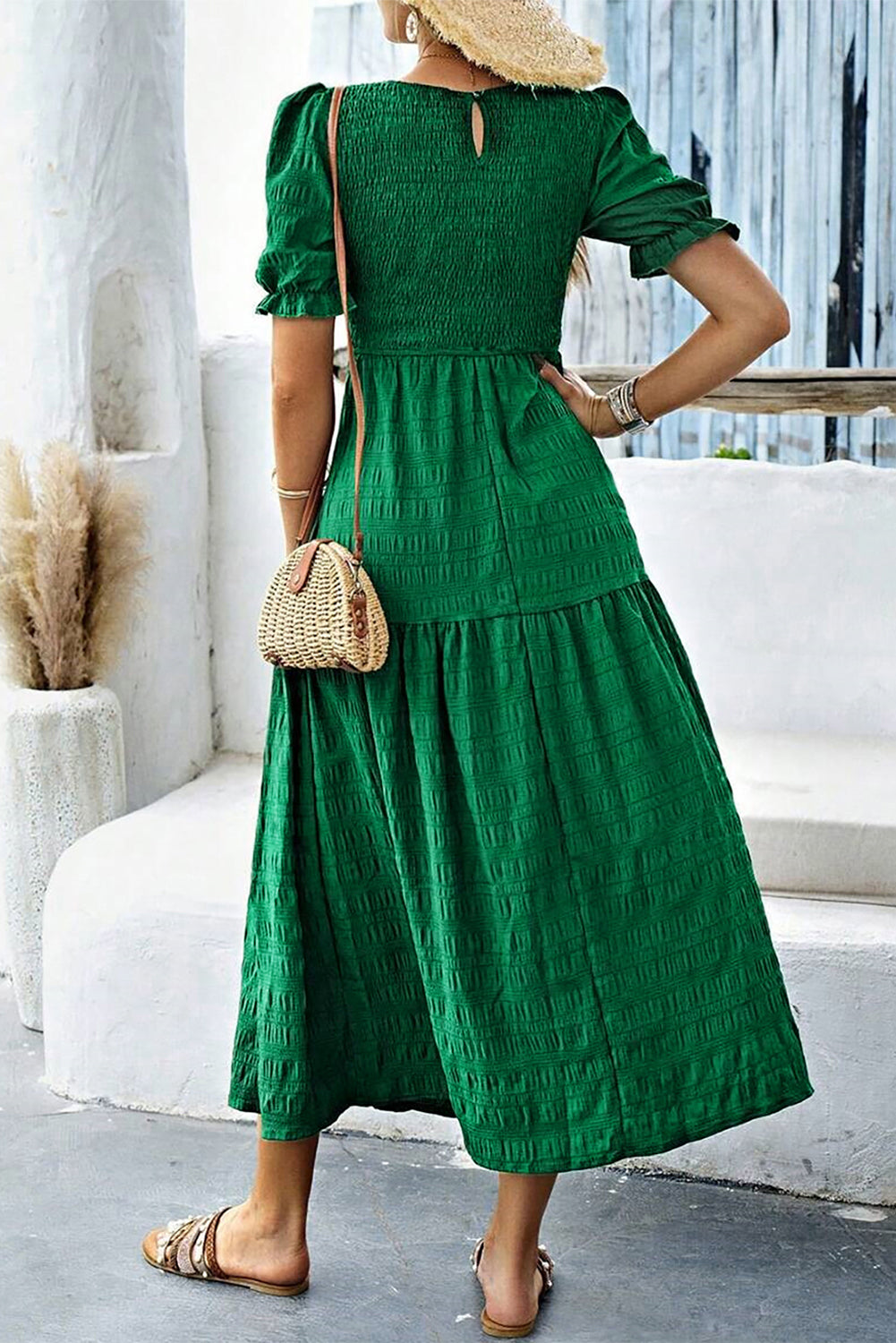 Dark Green Solid Textured Smocked Puff Short Sleeve High Waist Long Dress Dresses JT's Designer Fashion