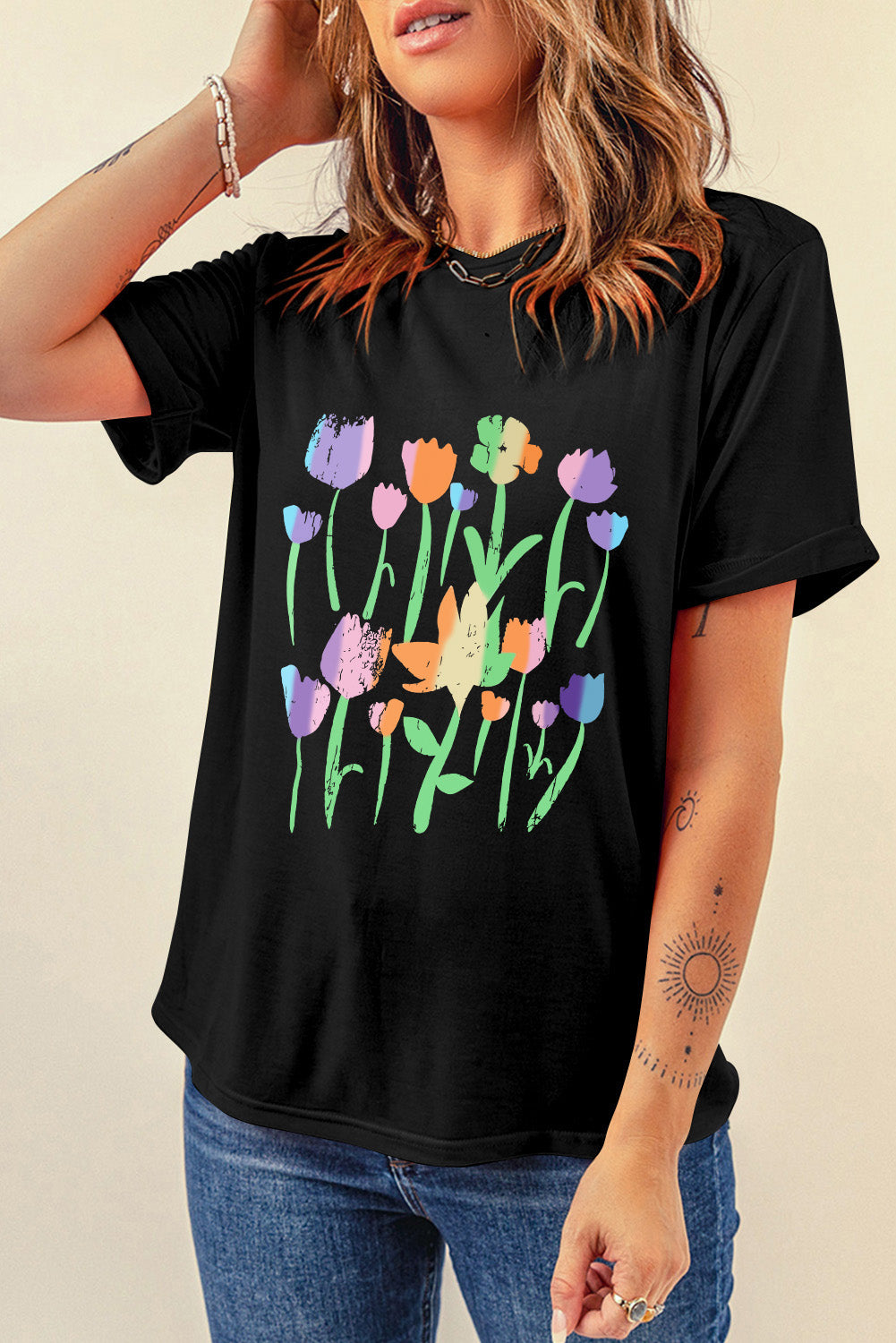 Black Floral Print Crewneck T Shirt Graphic Tees JT's Designer Fashion