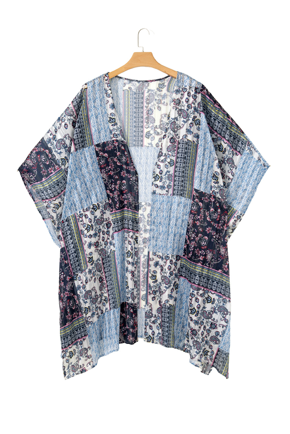 Blue Retro Floral Print Long Loose Open Front Kimono Kimonos JT's Designer Fashion