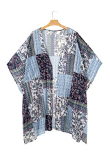 Blue Retro Floral Print Long Loose Open Front Kimono Kimonos JT's Designer Fashion