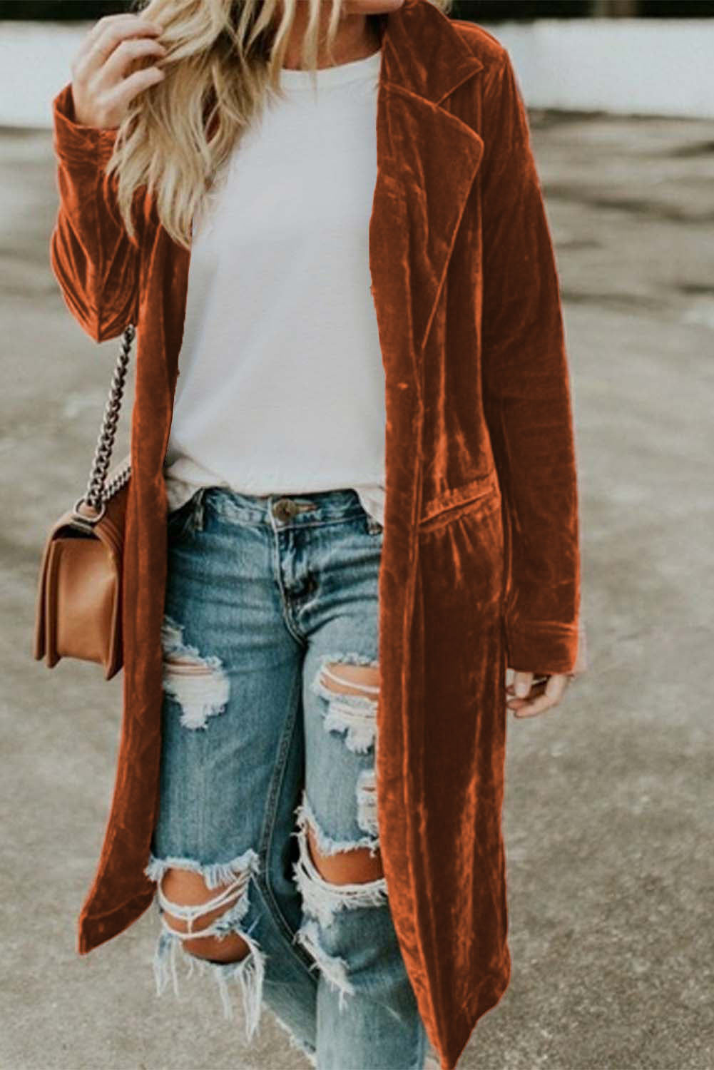 Brown Retro Velvet Long Sleeve Pocket Coat Coats JT's Designer Fashion