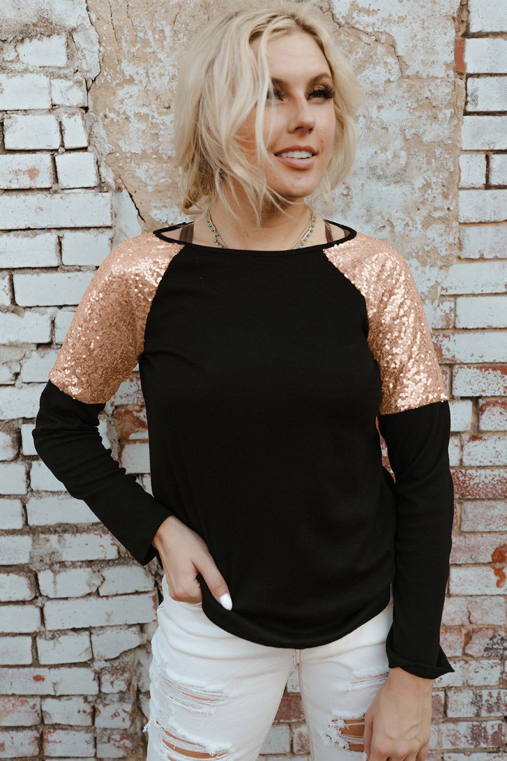 Black Sequin Shoulder Long Sleeve Top Long Sleeve Tops JT's Designer Fashion