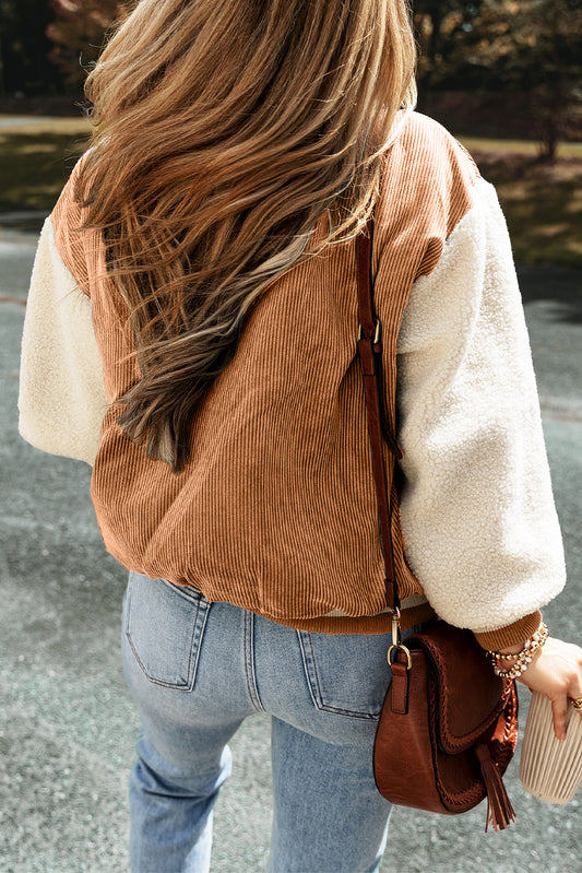 Buckskin Corduroy Fleece Patchwork Buttoned Bomber Jacket Jackets JT's Designer Fashion