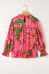 Rose Abstract Print Frilly Neckline Puff Sleeve Blouse Blouses & Shirts JT's Designer Fashion