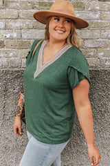 Blackish Green Embroidery V Neck Draped Sleeve Plus Size Blouse Plus Size JT's Designer Fashion