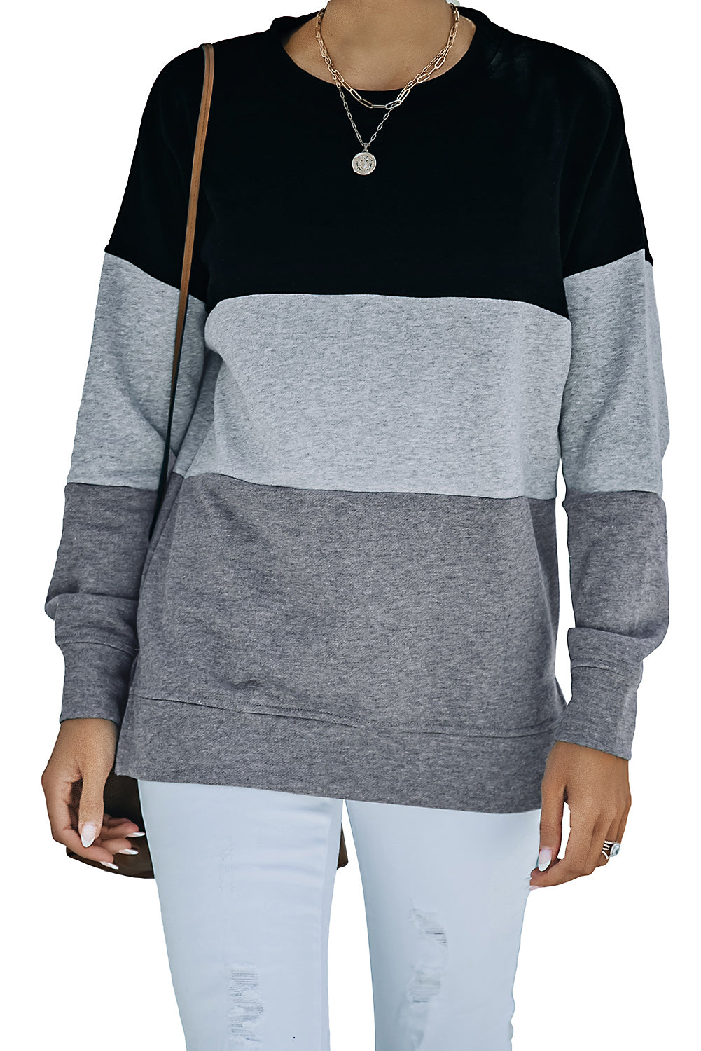 Colorblock Black Contrast Stitching Sweatshirt with Slits Sweatshirts & Hoodies JT's Designer Fashion