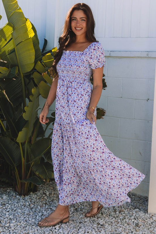 Purple Floral Short Bubble Sleeve Shirred High Waist Long Dress Maxi Dresses JT's Designer Fashion