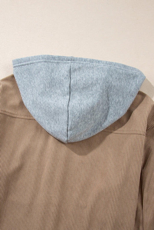Pale Khaki Hooded Drawstring Pockets Corduroy Shacket Jackets JT's Designer Fashion