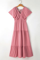 Rose Pink Textured V Neck Flutter Sleeve Ruffled Long Dress Maxi Dresses JT's Designer Fashion