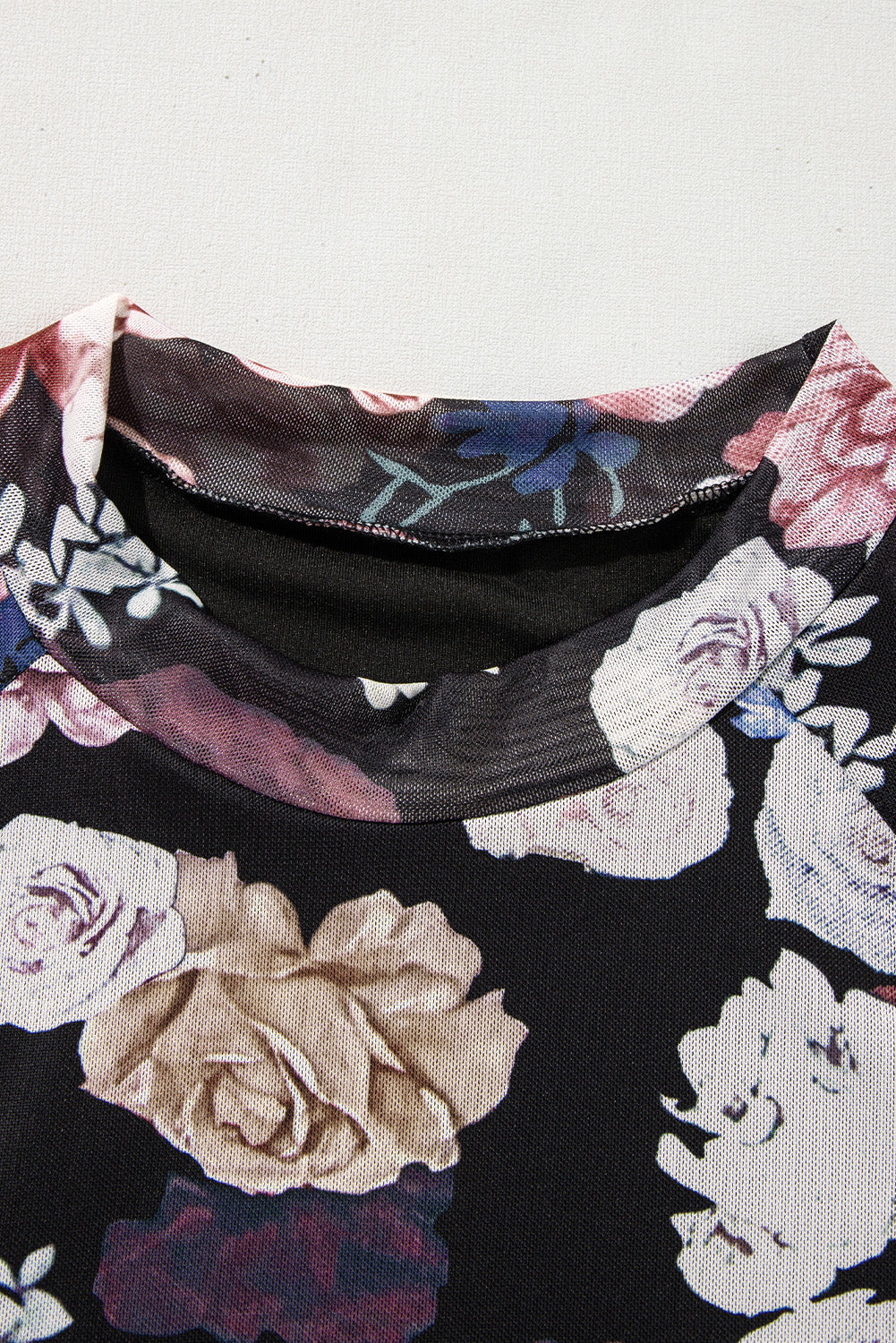 Pink Mesh Floral Print Mock Neck Long Sleeve Slim Top Long Sleeve Tops JT's Designer Fashion