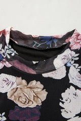 Pink Mesh Floral Print Mock Neck Long Sleeve Slim Top Long Sleeve Tops JT's Designer Fashion