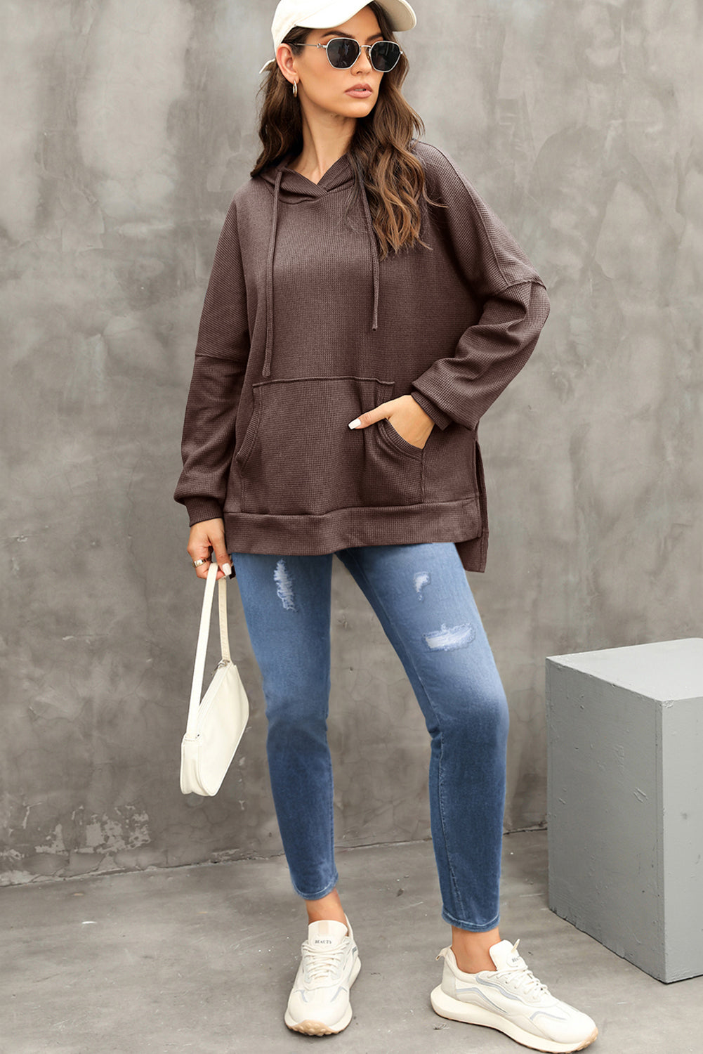 Coffee Waffle Knit Fleece Lined High Low Oversized Hoodie Sweatshirts & Hoodies JT's Designer Fashion