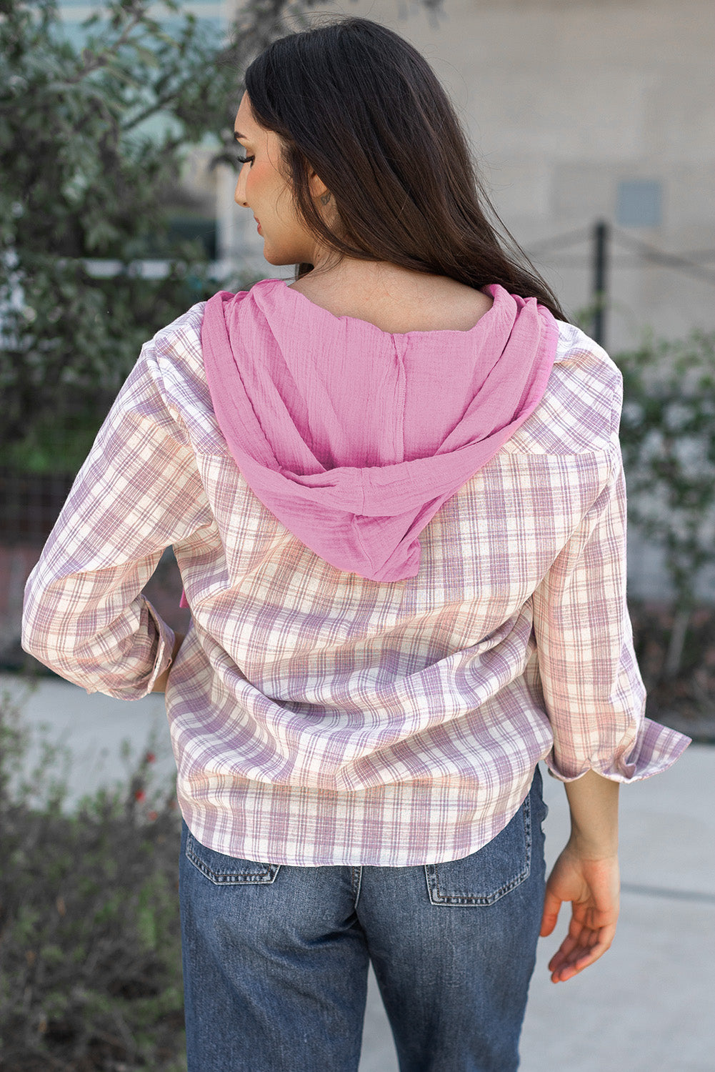 Pink Checkered Print Loose Fit Buttoned Hooded Shacket Plaid Shackets JT's Designer Fashion