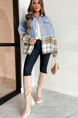 Khaki Plaid Patchwork Buttoned Oversized Denim Jacket Denim Jackets JT's Designer Fashion