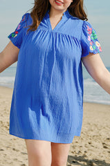 Sky Blue Plus Size Floral Embroidered Puff Sleeve Gingham Mini Dress Plus Size Mini Dresses JT's Designer Fashion