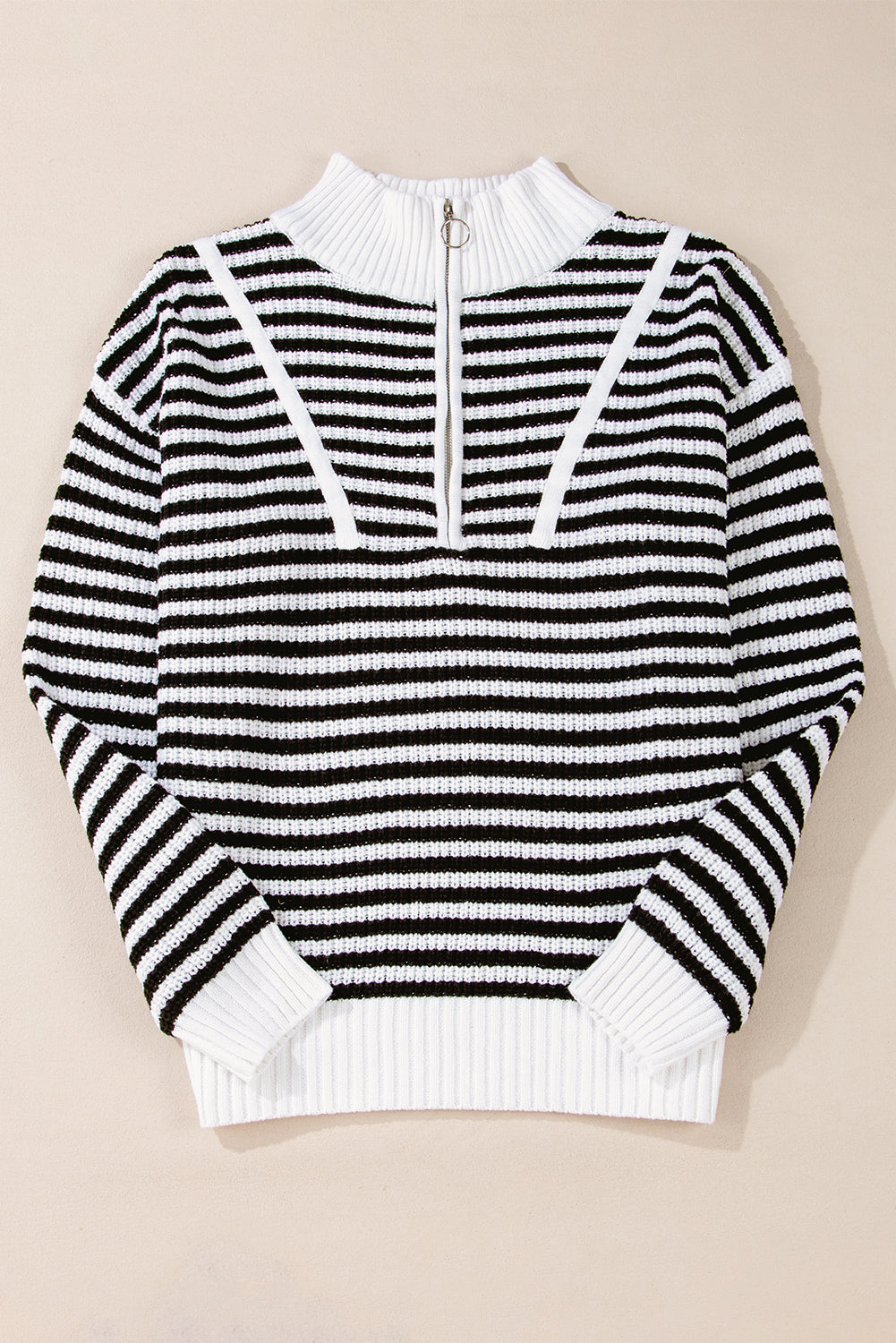 Black Stripe Zip up Collar Drop Shoulder Sweater Sweaters JT's Designer Fashion