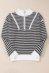 Black Stripe Zip up Collar Drop Shoulder Sweater Sweaters JT's Designer Fashion