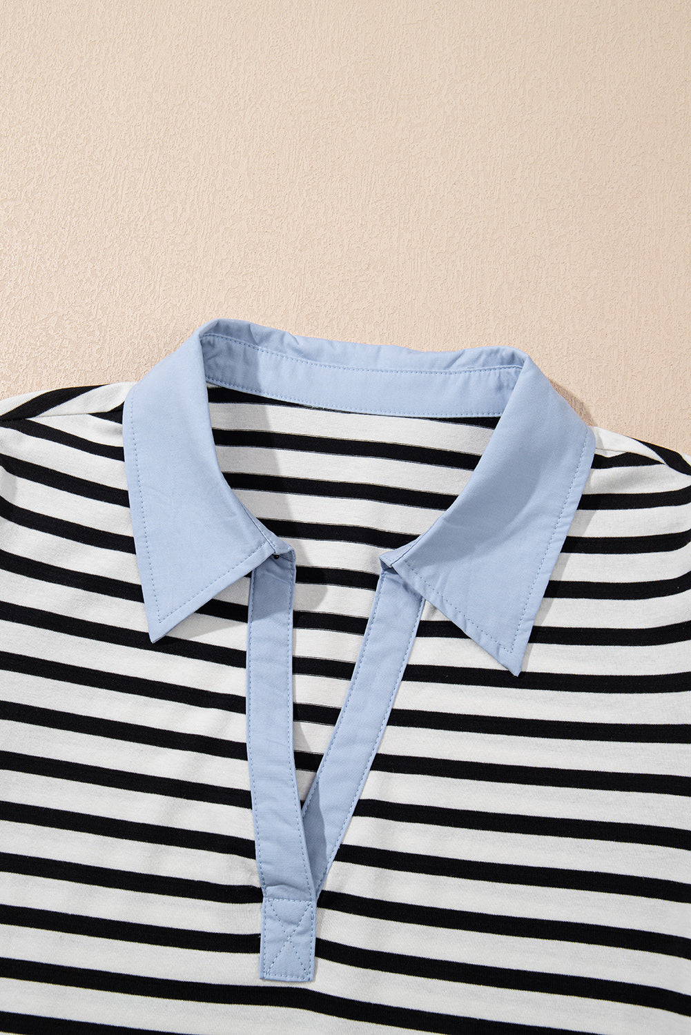 Black Stripe Contrast V Neck Collared Puff Sleeve T Shirt Mini Dress with Pockets T Shirt Dresses JT's Designer Fashion