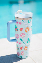 Light Blue Beach Day Fun Pattern Cup with Handle 40oz Tumblers JT's Designer Fashion
