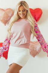 Oatmeal Floral Printed Patchwork Smocked Lantern Sleeve Knit Top Sweaters JT's Designer Fashion