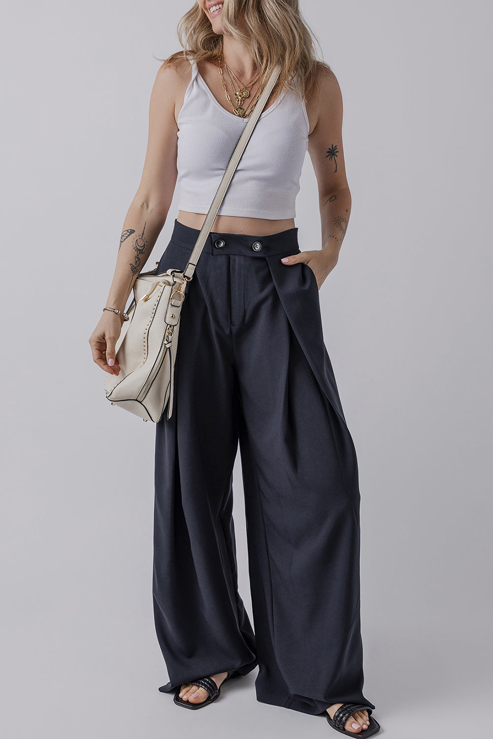 Dirty blue Dual Buttoned High Waist Pleated Wide Leg Pants Pants & Culotte JT's Designer Fashion