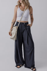 Dirty blue Dual Buttoned High Waist Pleated Wide Leg Pants Pants & Culotte JT's Designer Fashion