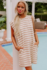 Khaki Stripe Round Neck Sleeveless Casual Pocketed Mini Dress Mini Dresses JT's Designer Fashion