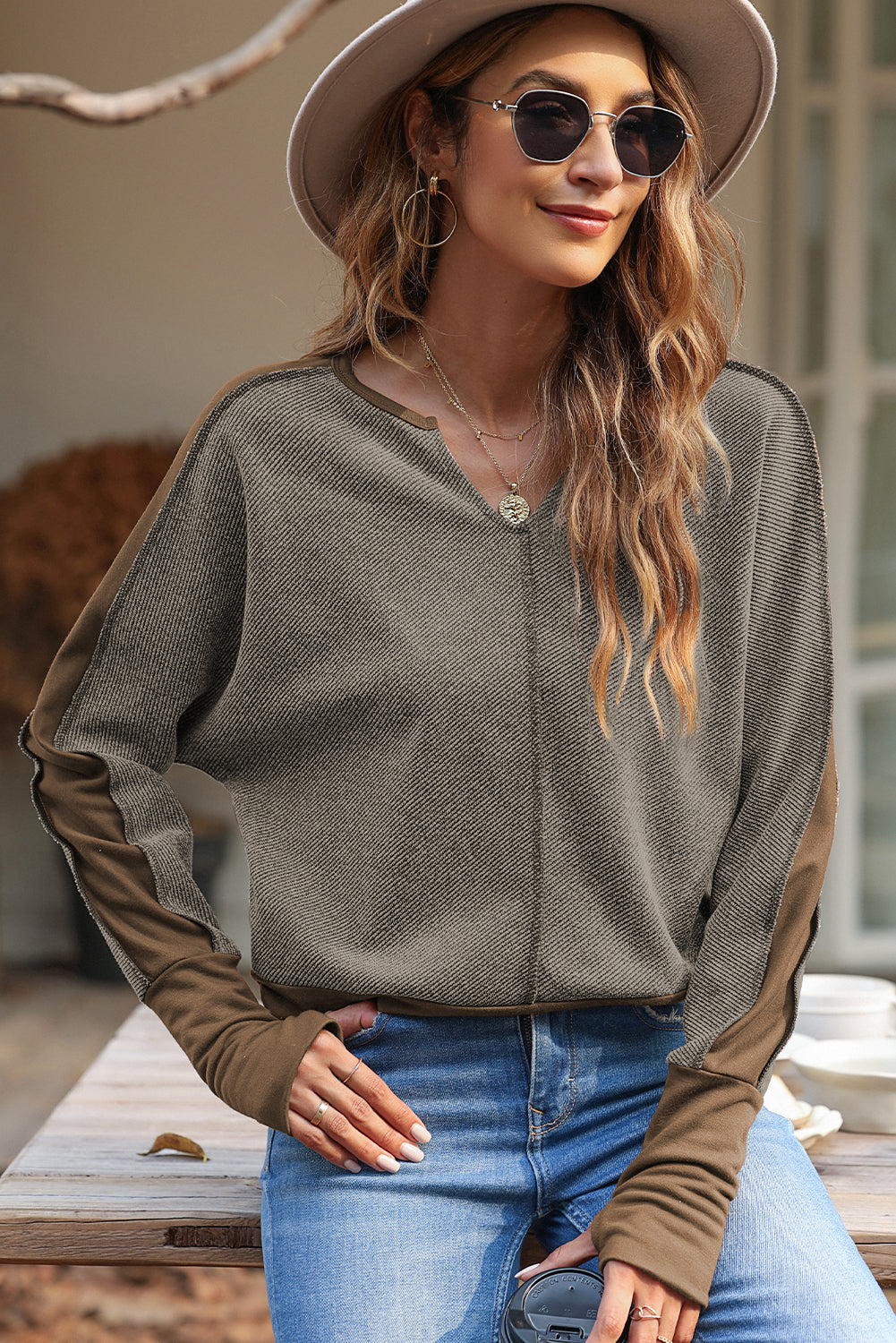 Brown Contrast Patchwork Thumbhole Sleeve Top Long Sleeve Tops JT's Designer Fashion