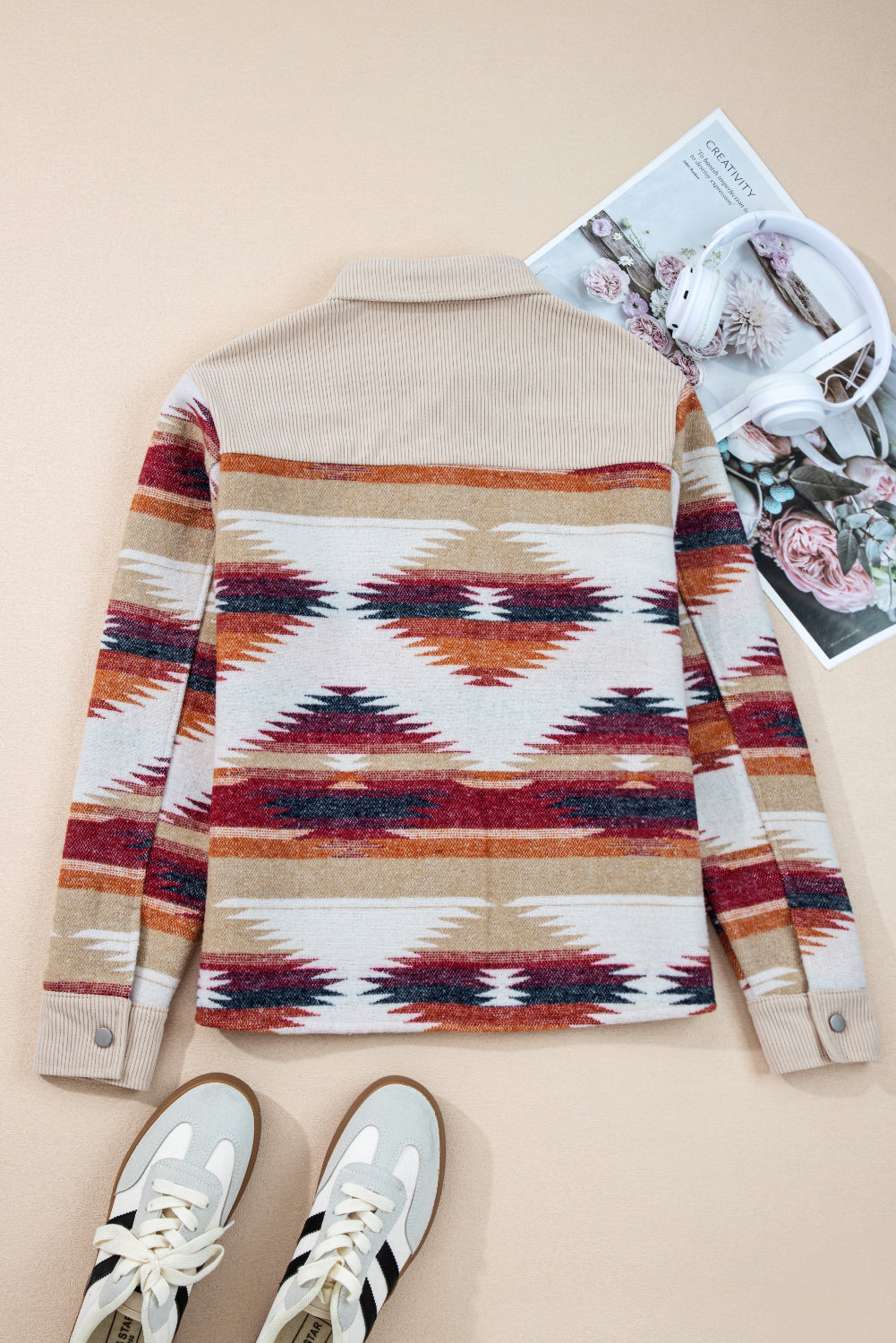 Multicolour Western Aztec Striped Patchwork Double Flap Pocket Raw Hem Shacket Jackets JT's Designer Fashion