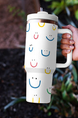 White Smiling Face Print Handle Vacuum Cup 1200ml Tumblers JT's Designer Fashion