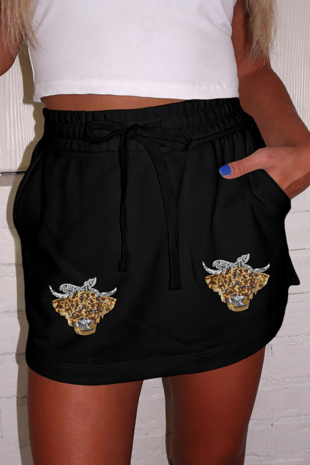 Black Sequin Heifer Patched French Terry Drawstring Skort Graphic Pants JT's Designer Fashion